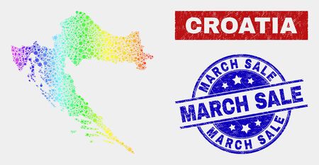 Constructor Croatia map and blue March Sale grunge seal. Colorful gradient vector Croatia map mosaic of equipment items. Blue rounded March Sale seal.のイラスト素材