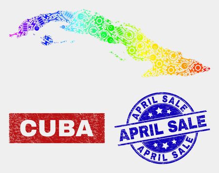 Construction Cuba map and blue April Sale scratched seal stamp. Spectral gradiented vector Cuba map mosaic of industrial parts. Blue round April Sale stamp.のイラスト素材