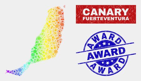 Construction Fuerteventura Island map and blue Award textured stamp. Rainbow colored gradient vector Fuerteventura Island map mosaic of mechanics elements. Blue rounded Award stamp.のイラスト素材