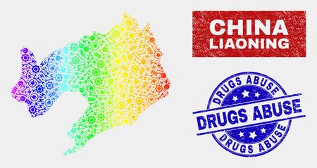 Tools Liaoning Province map and blue Drugs Abuse textured seal stamp. Spectral gradiented vector Liaoning Province map mosaic of industrial units. Blue rounded Drugs Abuse seal.のイラスト素材