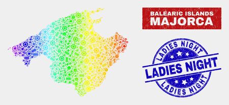 Factory Majorca map and blue Ladies Night distress seal. Rainbow colored gradient vector Majorca map mosaic of machinery components. Blue round Ladies Night seal.のイラスト素材