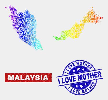 Factory Malaysia map and blue I Love Mother scratched seal stamp. Spectral gradiented vector Malaysia map mosaic of productivity parts. Blue rounded I Love Mother stamp.のイラスト素材