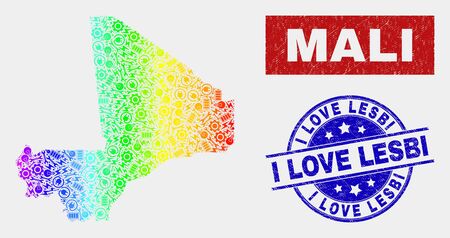 Assemble Mali map and blue I Love Lesbi distress seal stamp. Spectral gradiented vector Mali map mosaic of productivity. Blue rounded I Love Lesbi seal.のイラスト素材