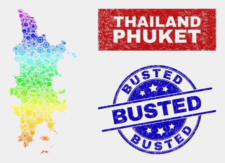Service Phuket map and blue Busted grunge seal. Rainbow colored gradient vector Phuket map mosaic of service parts. Blue rounded Busted badge.のイラスト素材