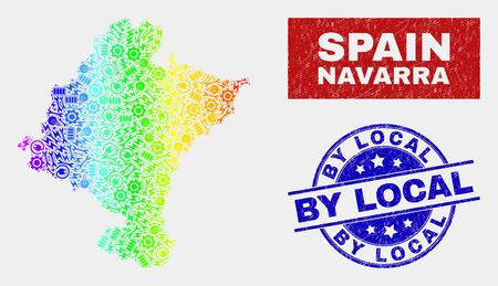 Tools Navarra Province map and blue By Local distress seal. Spectrum gradiented vector Navarra Province map mosaic of equipment items. Blue rounded By Local seal.のイラスト素材