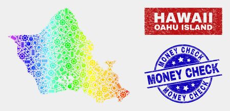 Engineering Oahu Island map and blue Money Check grunge stamp. Spectrum gradient vector Oahu Island map mosaic of industrial items. Blue rounded Money Check stamp.のイラスト素材