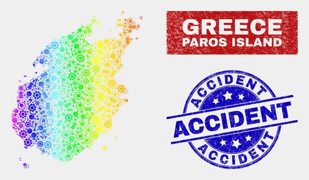 Factory Paros Island map and blue Accident grunge seal stamp. Colorful gradiented vector Paros Island map mosaic of mechanics components. Blue rounded Accident stamp.のイラスト素材
