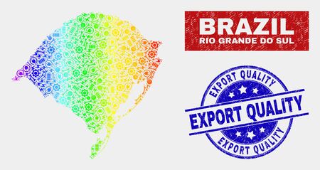 Component Rio Grande do Sul State map and blue Export Quality distress seal stamp. Rainbow colored gradiented vector Rio Grande do Sul State map mosaic of industrial parts.のイラスト素材