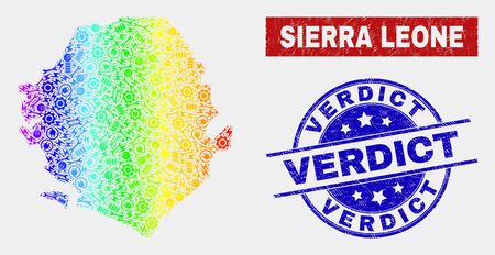 Engineering Sierra Leone map and blue Verdict grunge seal stamp. Spectral gradient vector Sierra Leone map mosaic of equipment components. Blue round Verdict stamp.のイラスト素材