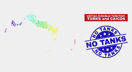 Tools Turks and Caicos Islands map and blue No Tanks grunge seal stamp. Spectral gradient vector Turks and Caicos Islands map mosaic of industrial items. Blue round No Tanks seal.のイラスト素材