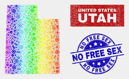 Tools Utah State map and blue No Free Sex textured seal. Spectrum gradient vector Utah State map mosaic of tools parts. Blue rounded No Free Sex seal.のイラスト素材