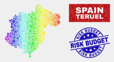Construction Teruel Province map and blue Risk Budget distress stamp. Rainbow colored gradiented vector Teruel Province map mosaic of service units. Blue round Risk Budget stamp.のイラスト素材