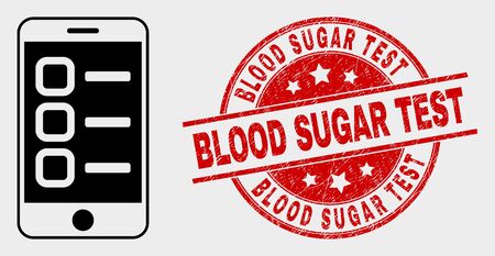 Vector smartphone tasks icon and Blood Sugar Test seal stamp. Red rounded textured seal stamp with Blood Sugar Test caption. Vector combination for smartphone tasks in flat style.のイラスト素材