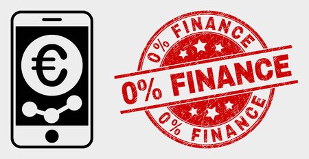 Vector mobile euro chart icon and 0% Finance watermark. Red round distress watermark with 0% Finance caption. Vector composition for mobile euro chart in flat style.のイラスト素材