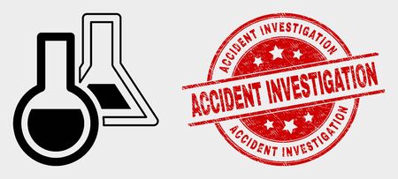 Vector chemical glassware icon and Accident Investigation seal stamp. Red round scratched stamp with Accident Investigation text. Vector combination for chemical glassware in flat style.のイラスト素材