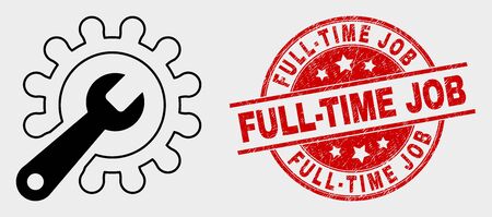 Vector repair tools icon and Full-Time Job seal stamp. Red round distress seal with Full-Time Job text. Vector combination for repair tools in flat style. Black isolated repair tools icon.のイラスト素材