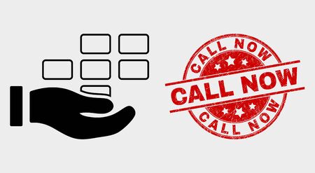 Vector hand offer bricks icon and Call Now seal stamp. Red rounded grunge seal stamp with Call Now caption. Vector combination for hand offer bricks in flat style.のイラスト素材