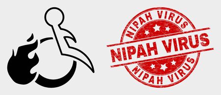 Vector fired disabled person pictogram and Nipah Virus stamp. Red rounded grunge seal stamp with Nipah Virus text. Vector combination for fired disabled person in flat style.のイラスト素材