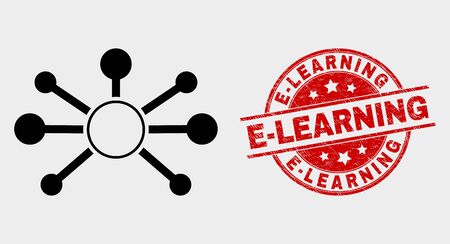 Vector node links icon and E-Learning stamp. Red round distress stamp with E-Learning text. Vector combination for node links in flat style. Black isolated node links icon.のイラスト素材