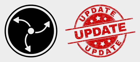 Vector turbine rotation pictogram and Update seal stamp. Red round grunge seal with Update caption. Vector composition for turbine rotation in flat style. Black isolated turbine rotation pictogram.のイラスト素材