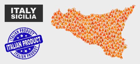 Vector composition of flame Sicilia map and blue rounded textured Italian Product seal stamp. Orange Sicilia map mosaic of flame symbols. Vector composition for safety services,のイラスト素材