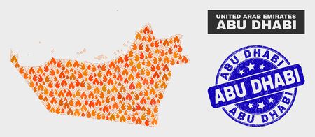 Vector composition of fire Abu Dhabi Emirate map and blue rounded textured Abu Dhabi watermark. Orange Abu Dhabi Emirate map mosaic of fire items. Vector combination for guard services,のイラスト素材