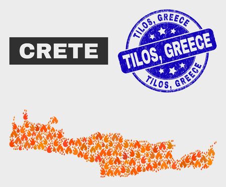 Vector composition of flame Crete map and blue round grunge Tilos, Greece seal stamp. Orange Crete map mosaic of wildfire items. Vector composition for emergency services, and Tilos,のイラスト素材