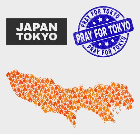Vector composition of fire Tokyo Prefecture map and blue rounded grunge Pray for Tokyo stamp. Fiery Tokyo Prefecture map mosaic of fire elements. Vector composition for emergency services,のイラスト素材