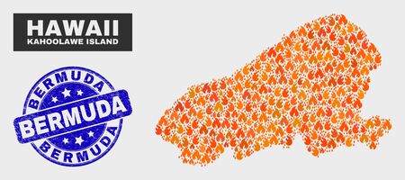 Vector composition of fired Kahoolawe Island map and blue rounded textured Bermuda seal stamp. Fiery Kahoolawe Island map mosaic of fire elements. Vector composition for emergency services,のイラスト素材