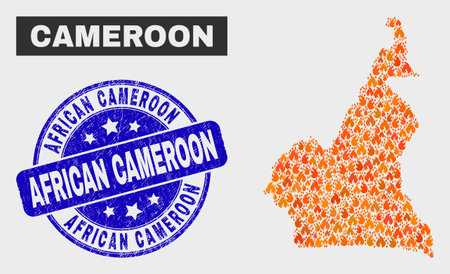 Vector collage of flame Cameroon map and blue round textured African Cameroon seal stamp. Orange Cameroon map mosaic of flame elements. Vector collage for fire protection services,のイラスト素材