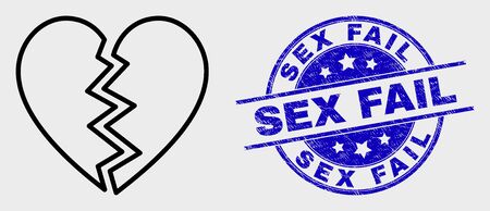 Vector stroke broken heart icon and Sex Fail seal stamp. Blue rounded distress seal stamp with Sex Fail text. Black isolated broken heart symbol in stroke style.のイラスト素材