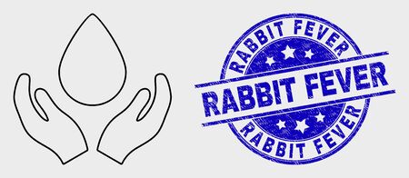 Vector linear blood care hands pictogram and Rabbit Fever seal. Blue rounded textured seal stamp with Rabbit Fever title. Black isolated blood care hands icon in linear style.のイラスト素材