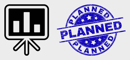 Vector stroke bar chart presentation pictogram and Planned stamp. Blue round distress stamp with Planned phrase. Black isolated bar chart presentation pictogram in contour style.のイラスト素材