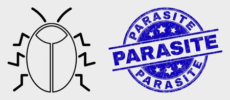 Vector stroke bug pictogram and Parasite seal stamp. Blue round textured stamp with Parasite title. Black isolated bug pictogram in stroke style.のイラスト素材