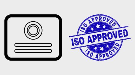 Vector line certificate icon and ISO Approved seal stamp. Blue rounded distress seal stamp with ISO Approved message. Black isolated certificate icon in stroke style.のイラスト素材
