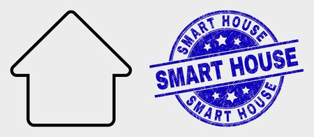 Vector line home icon and Smart House seal stamp. Blue rounded scratched seal stamp with Smart House phrase. Black isolated home symbol in line style.のイラスト素材