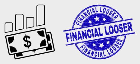 Vector outline financial charts pictogram and Financial Looser seal stamp. Blue rounded scratched seal stamp with Financial Looser message. Black isolated financial charts symbol in outline style.のイラスト素材