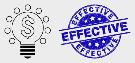 Vector stroke dollar light bulb pictogram and Effective stamp. Blue rounded grunge seal stamp with Effective message. Black isolated dollar light bulb pictogram in stroke style.のイラスト素材