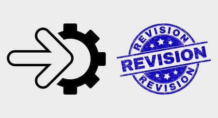 Vector linear integration gear pictogram and Revision stamp. Blue rounded grunge seal with Revision text. Black isolated integration gear pictogram in linear style.のイラスト素材