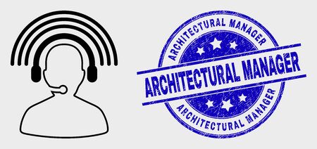 Vector contour radio operator icon and Architectural Manager seal. Blue round scratched seal stamp with Architectural Manager message. Black isolated radio operator icon in outline style.のイラスト素材