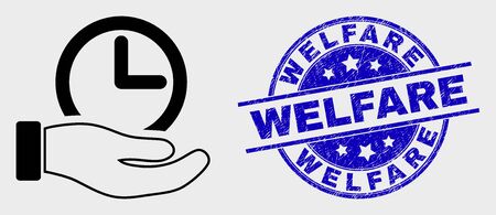 Vector linear time service hand icon and Welfare seal. Blue round distress stamp with Welfare caption. Black isolated time service hand icon in linear style.のイラスト素材
