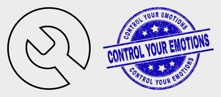 Vector contour repair wrench icon and Control Your Emotions seal. Blue round scratched watermark with Control Your Emotions phrase. Black isolated repair wrench icon in contour style.のイラスト素材