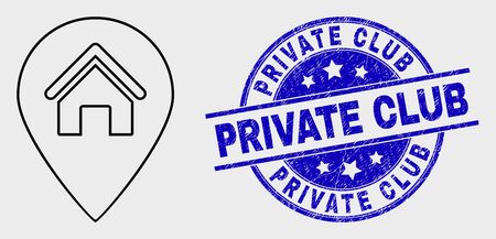 Vector line house map marker icon and Private Club stamp. Blue rounded textured stamp with Private Club title. Black isolated house map marker icon in contour style.のイラスト素材