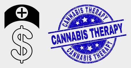 Vector contour medicine price pictogram and Cannabis Therapy stamp. Blue round scratched seal stamp with Cannabis Therapy caption. Black isolated medicine price icon in contour style.のイラスト素材