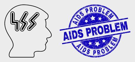 Vector outline migraine head icon and AIDS Problem seal stamp. Blue round textured seal stamp with AIDS Problem title. Black isolated migraine head icon in outline style.のイラスト素材