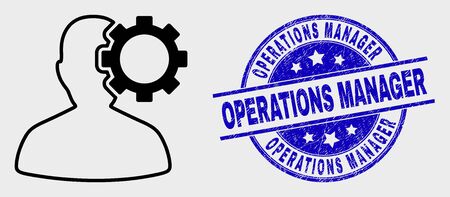 Vector contour user options gear pictogram and Operations Manager watermark. Blue round distress stamp with Operations Manager text. Black isolated user options gear pictogram in contour style.のイラスト素材