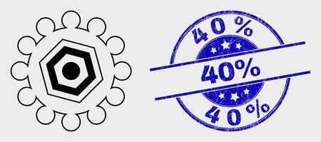 Vector contour gear pictogram and 40% seal. Blue round grunge seal stamp with 40% text. Black isolated gear pictogram in contour style.のイラスト素材