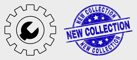 Vector line setup tools icon and New Collection seal stamp. Blue rounded grunge seal stamp with New Collection phrase. Black isolated setup tools symbol in line style.のイラスト素材