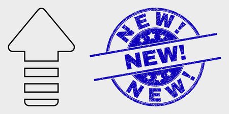 Vector contour update arrow pictogram and New! seal. Blue rounded scratched seal stamp with New! phrase. Black isolated update arrow pictogram in linear style.のイラスト素材
