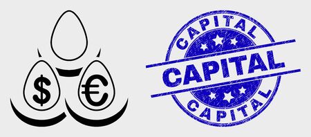 Vector linear currency deposit eggs icon and Capital stamp. Blue round grunge watermark with Capital phrase. Black isolated currency deposit eggs icon in linear style.のイラスト素材